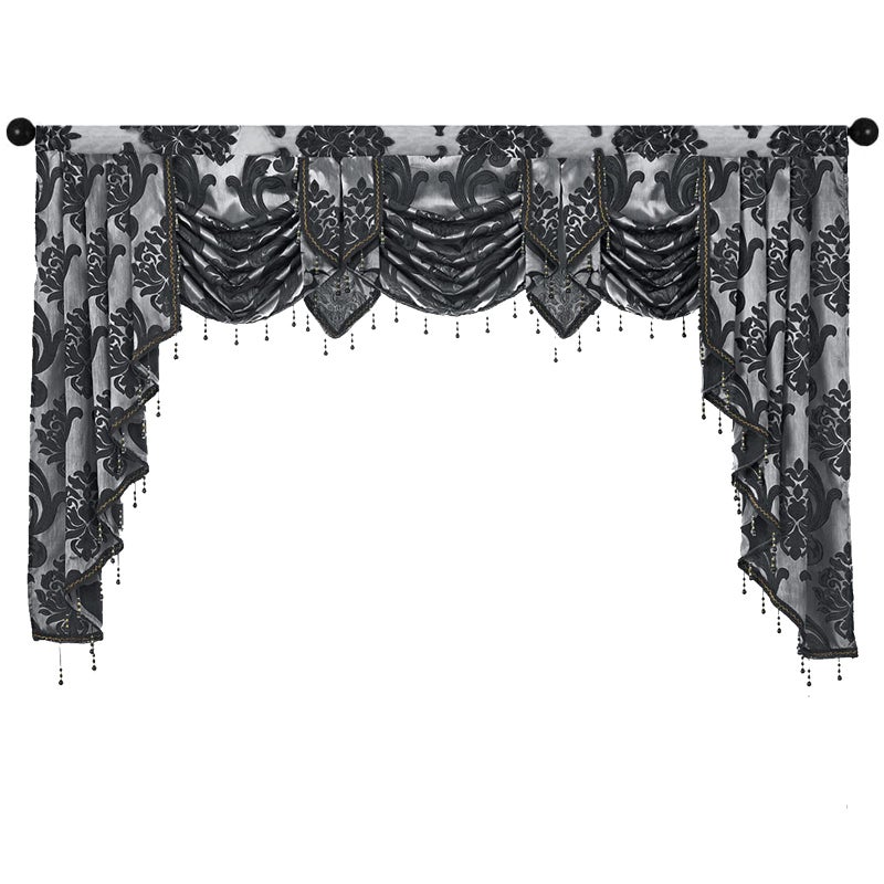 NAPEARL Jabot Curtains Valances and Swags-European Style Kitchen Window Valance, Luxury Jacquard Waterfall Valance Curtains for Living Room (1 Black Valance, 81-Inch Wide) - Image 1